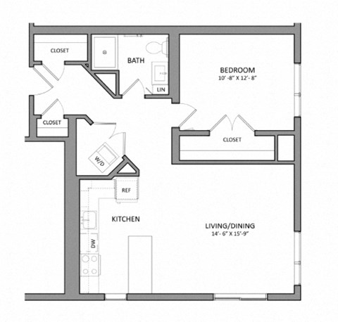 Floor plan for 1 bed, 1 bath, 750 sqft
